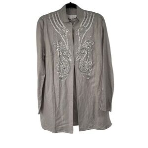 American Glamour Badgley Mischka Light Gray Embellished Linen Cotton‎ Jacket